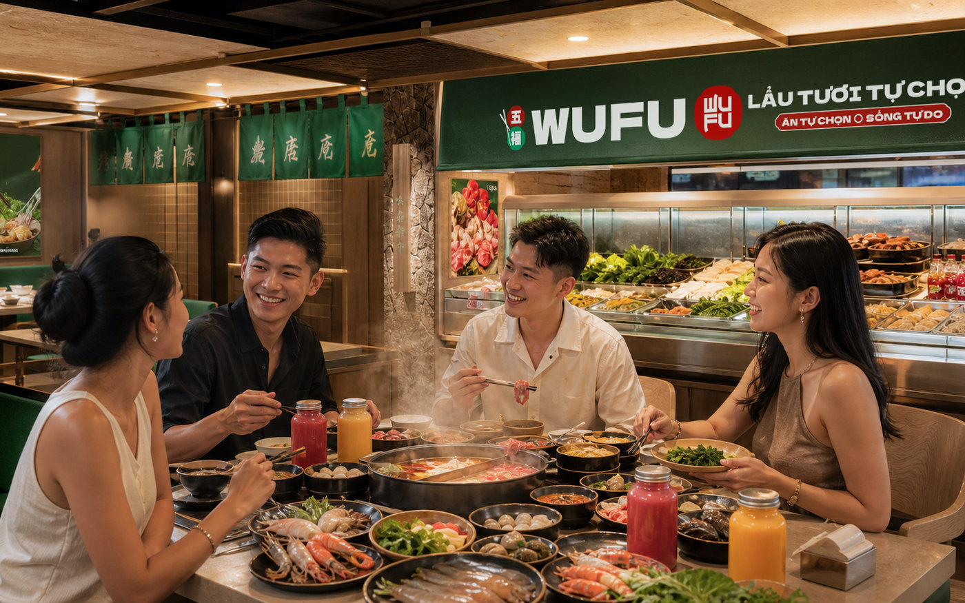 Nhóm khách quây quần bên nồi lẩu tại WUFU