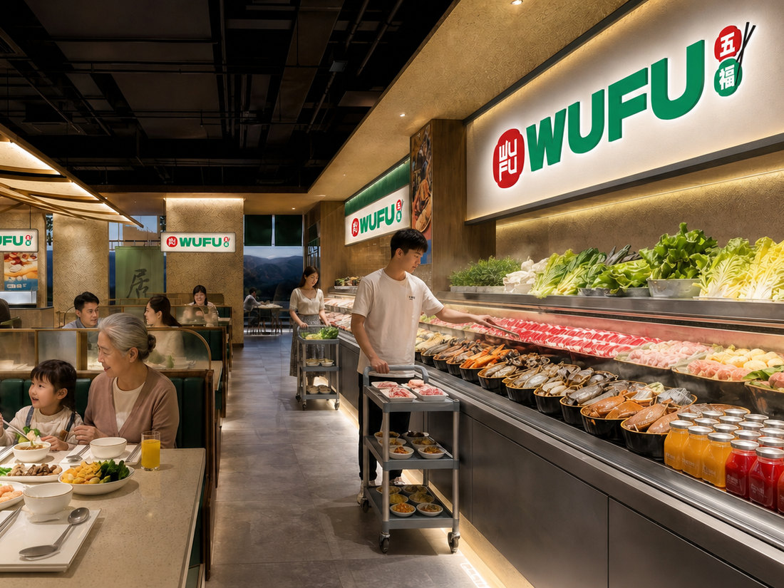 Nhân viên WUFU đẩy xe hàng bên lối vào khu quầy tươi