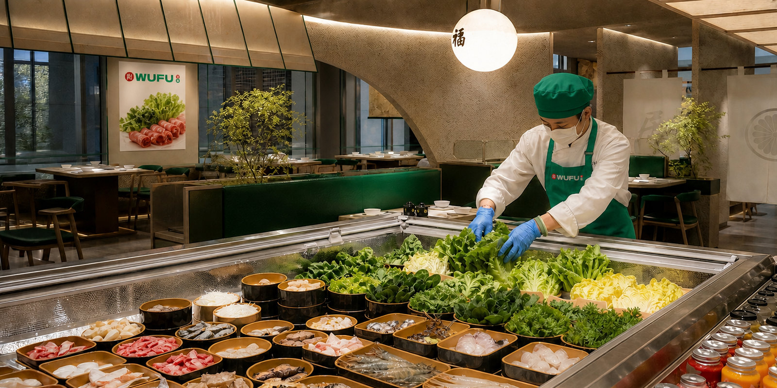 Nhân viên WUFU xếp rau tươi tại quầy trước giờ mở cửa