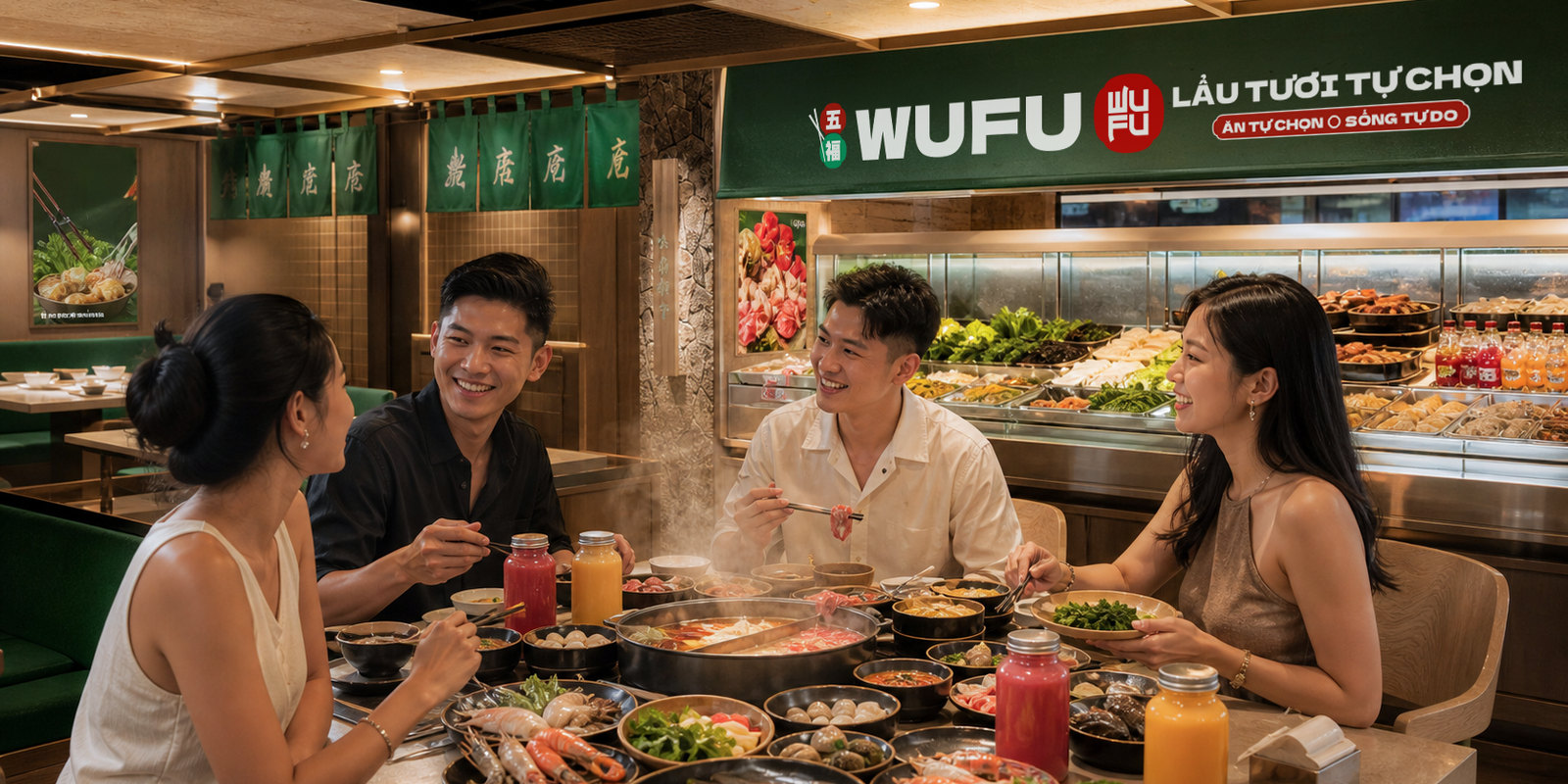 Nhóm khách quây quần bên nồi lẩu tại WUFU